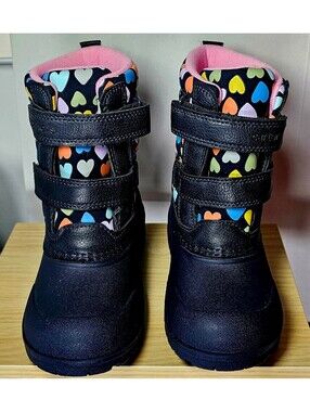Carter’s Girls Snow Boots Size 10M Black Multicolor Hearts Pink Hook & Loop